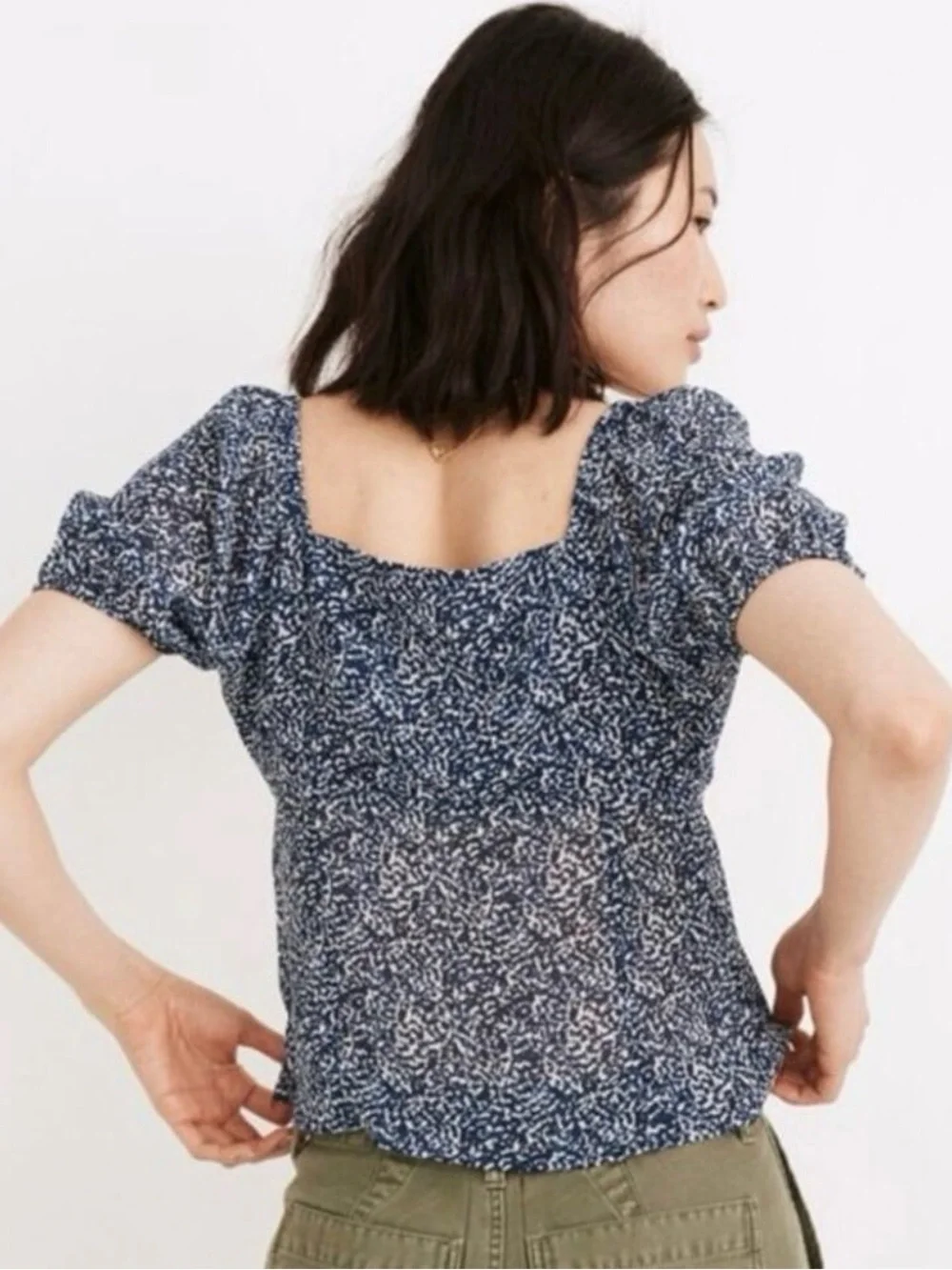 Madewell Navy & White Floral Sweetheart Puff-Sleeve Blouse